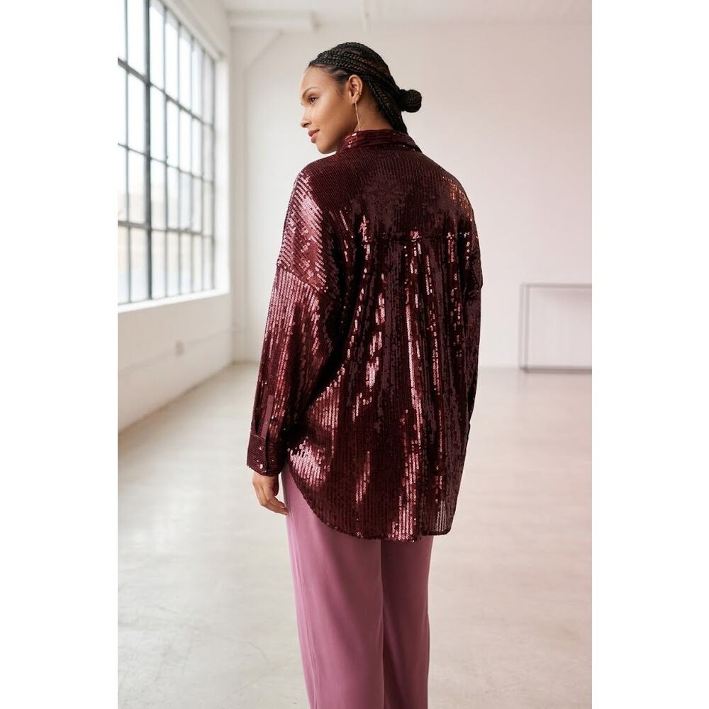 Anthropologie Pilcro Sequin Button Up Shirt Women’s L Burgundy Oversized EUC - Picture 3 of 10